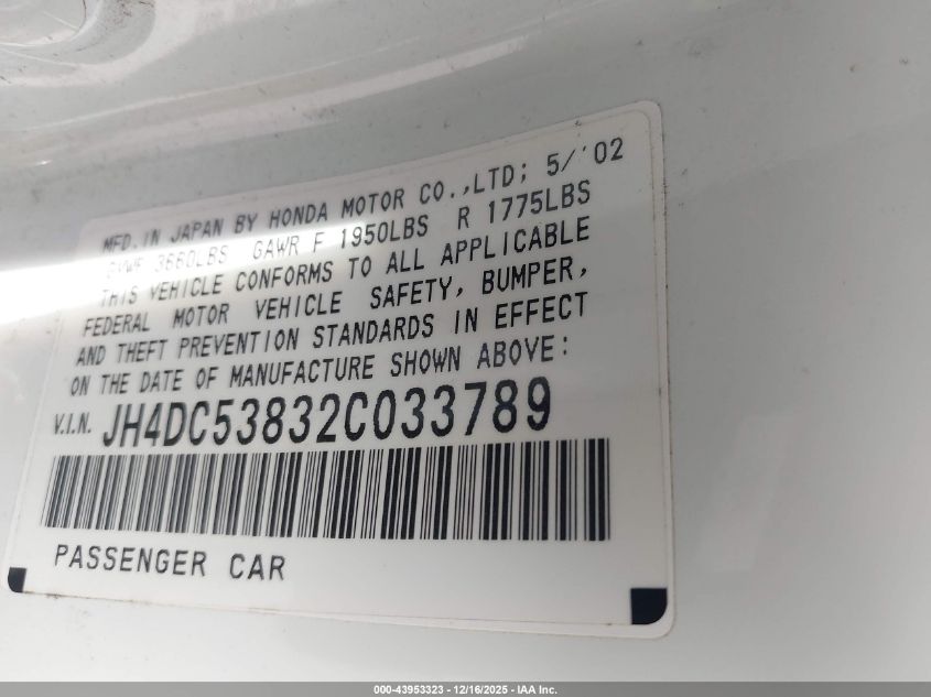 2002 Acura Rsx VIN: JH4DC53832C033789 Lot: 43953323