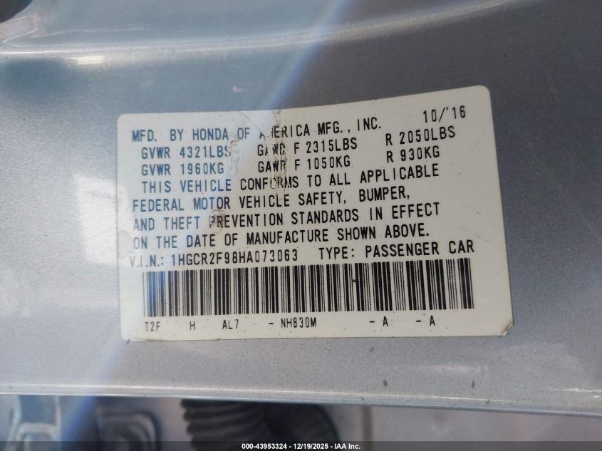 2017 Honda Accord Ex-L VIN: 1HGCR2F98HA073063 Lot: 43953324