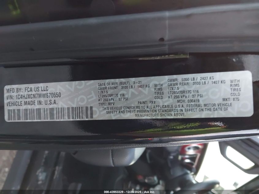 2021 Jeep Wrangler Rubicon 4X4 VIN: 1C4HJXCN7MW670650 Lot: 43953329