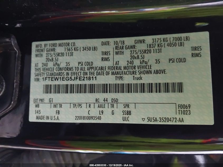 2018 Ford F150 Supercrew VIN: 1FTEW1EG5JFE21811 Lot: 43953330