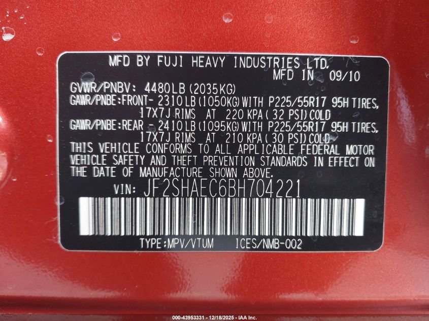 2011 Subaru Forester 2.5X Limited VIN: JF2SHAEC6BH704221 Lot: 43953331