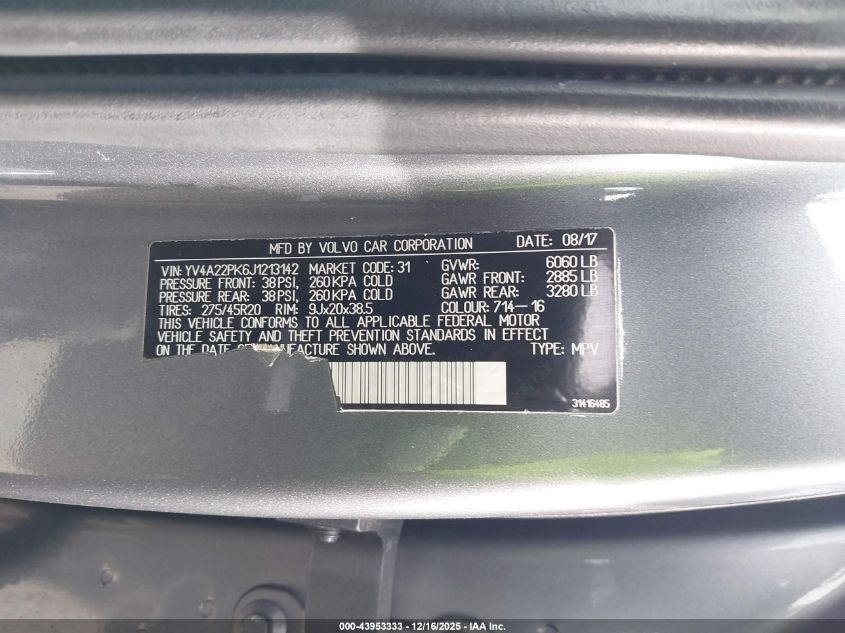 2018 Volvo Xc90 T6 Momentum VIN: YV4A22PK6J1213142 Lot: 43953333