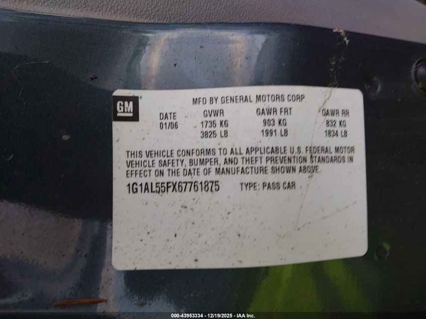 2006 Chevrolet Cobalt Lt VIN: 1G1AL55FX67761875 Lot: 43953334