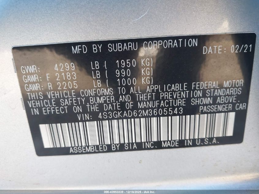 2021 Subaru Impreza Premium VIN: 4S3GKAD62M3605543 Lot: 43953339