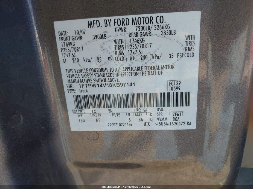 2008 Ford F-150 60Th Anniversary/Fx4/King Ranch/Lariat/Xlt VIN: 1FTPW14V18KB97141 Lot: 43953341