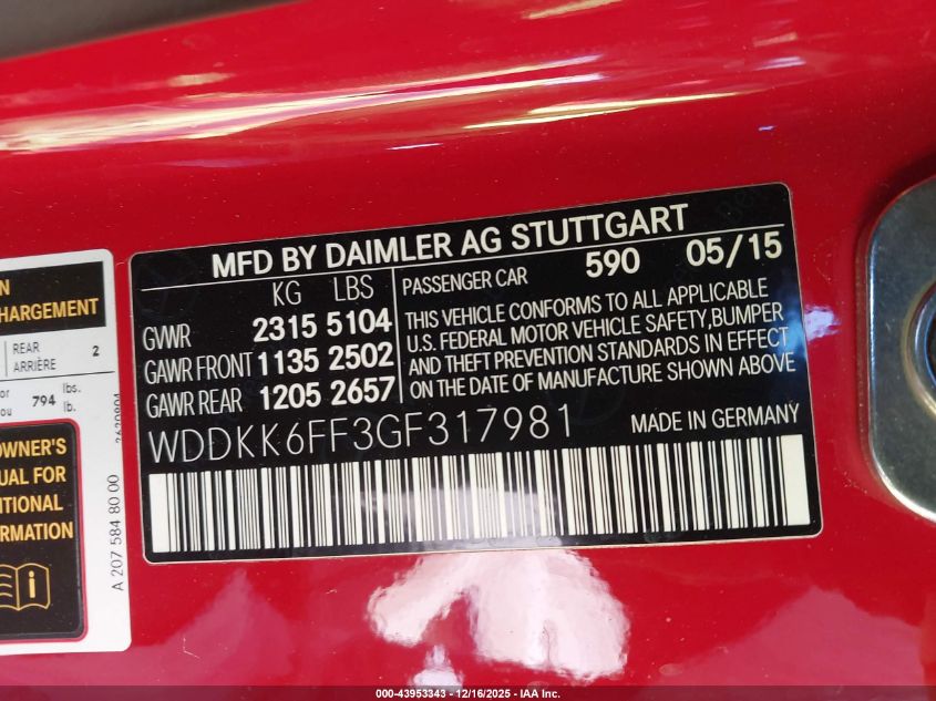 2016 Mercedes-Benz E 400 VIN: WDDKK6FF3GF317981 Lot: 43953343