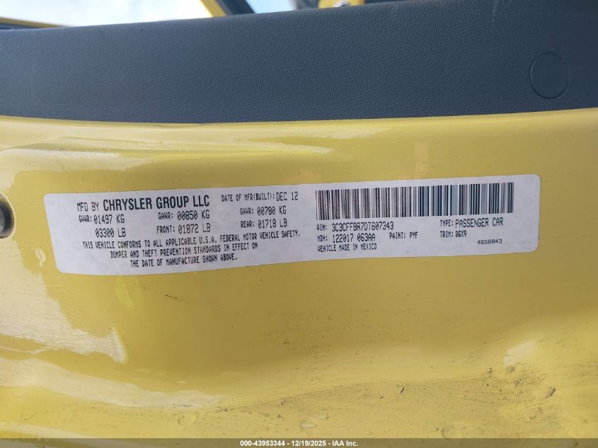 2013 Fiat 500 Sport VIN: 3C3CFFBR7DT607343 Lot: 43953344