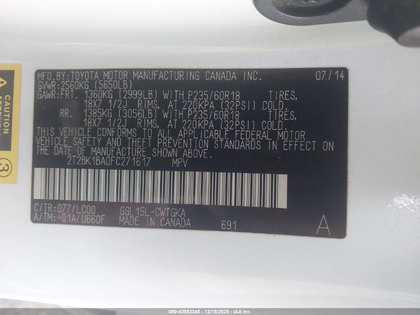 2015 Lexus Rx 350 VIN: 2T2BK1BA0FC271617 Lot: 43953345