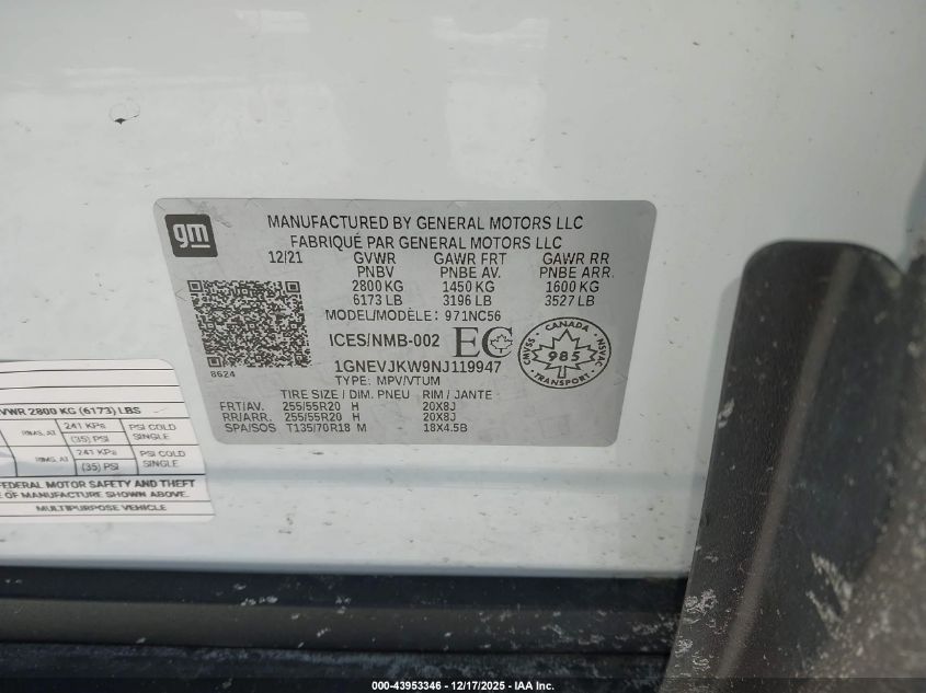 2022 Chevrolet Traverse Rs VIN: 1GNEVJKW9NJ119947 Lot: 43953346