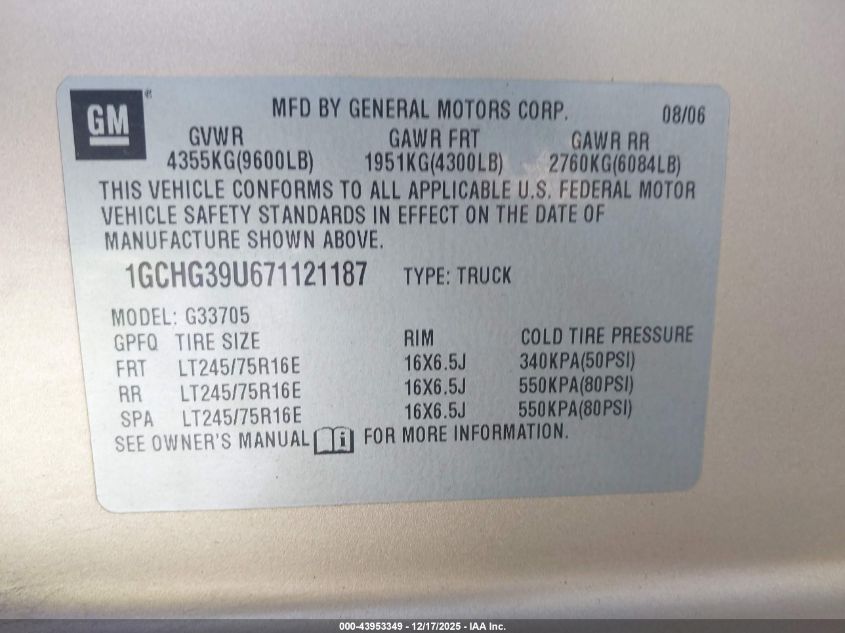 2007 Chevrolet Express Work Van VIN: 1GCHG39U671121187 Lot: 43953349
