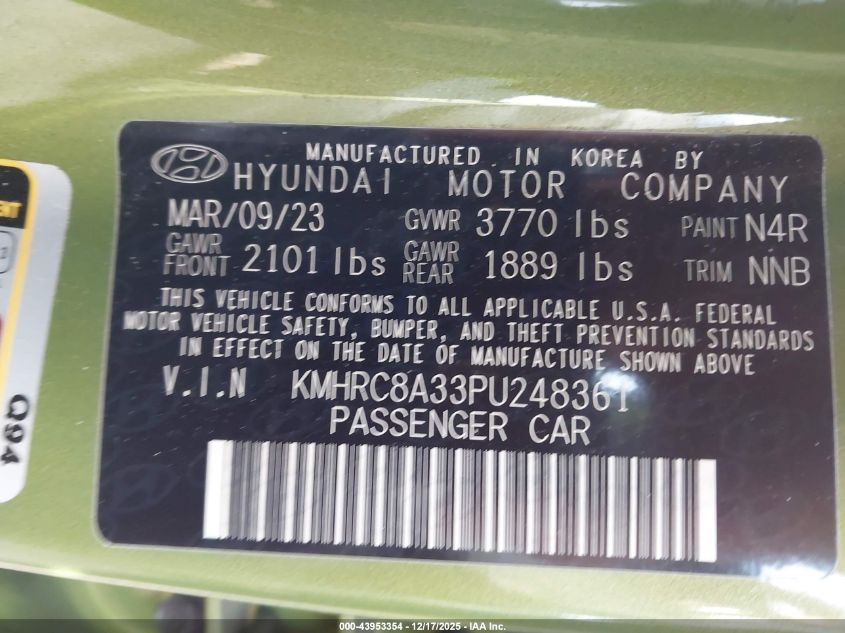 2023 Hyundai Venue Sel VIN: KMHRC8A33PU248361 Lot: 43953354