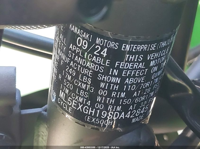 2025 Kawasaki Ex500 H VIN: ML5EXGH19SDA42845 Lot: 43953355