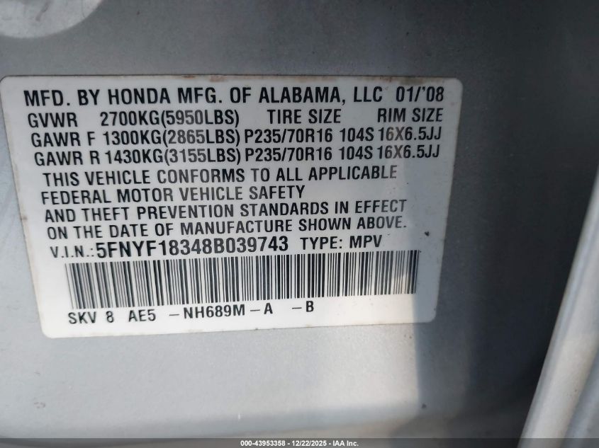 2008 Honda Pilot Se VIN: 5FNYF18348B039743 Lot: 43953358