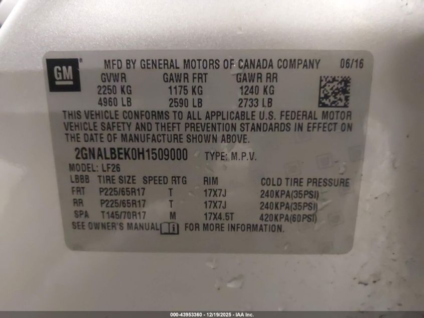 2017 Chevrolet Equinox Ls VIN: 2GNALBEK0H1509000 Lot: 43953360