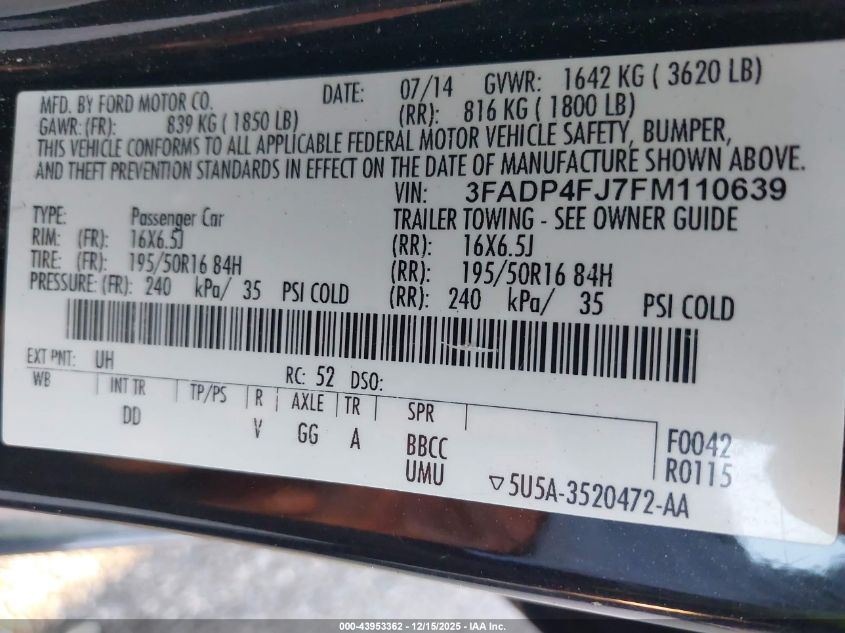 2015 Ford Fiesta Titanium VIN: 3FADP4FJ7FM110639 Lot: 43953362