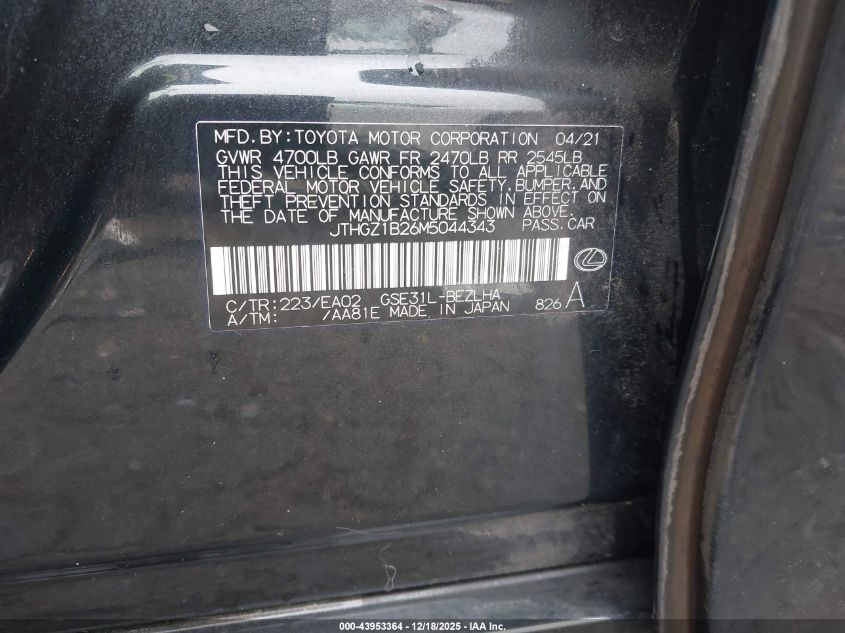 2021 Lexus Is 350 F Sport VIN: JTHGZ1B26M5044343 Lot: 43953364