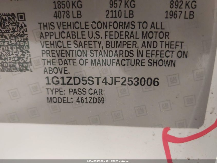 2018 Chevrolet Malibu Lt VIN: 1G1ZD5ST4JF253006 Lot: 43953366