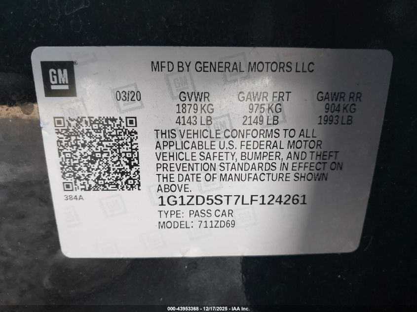 2020 Chevrolet Malibu Fwd Lt VIN: 1G1ZD5ST7LF124261 Lot: 43953368