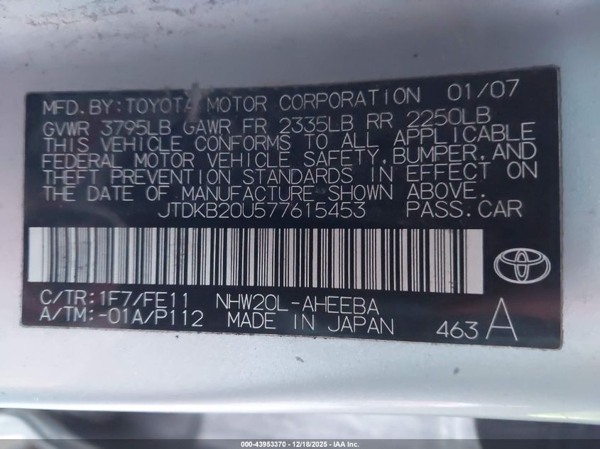 2007 Toyota Prius VIN: JTDKB20U577615453 Lot: 43953370