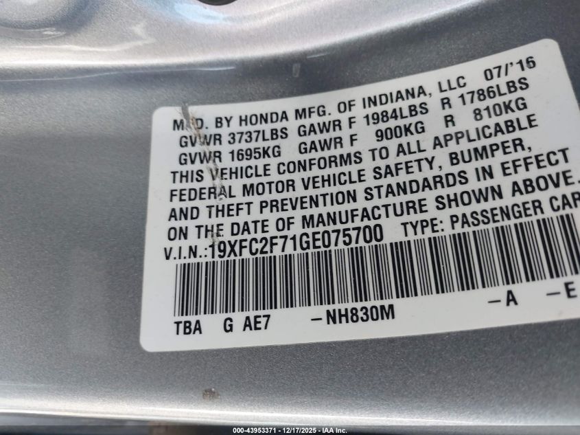 2016 Honda Civic Ex VIN: 19XFC2F71GE075700 Lot: 43953371