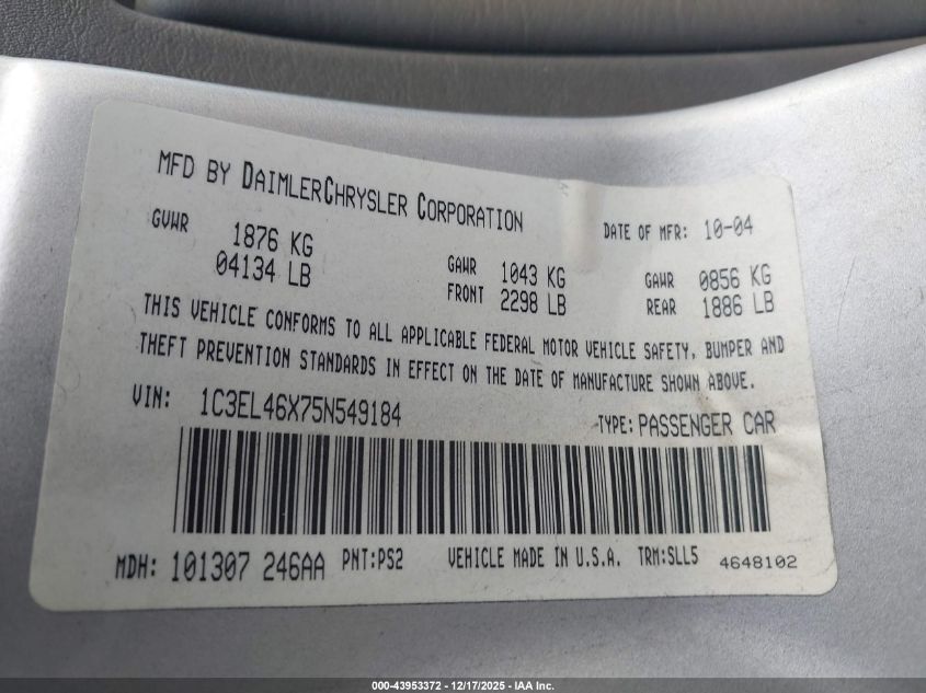 2005 Chrysler Sebring VIN: 1C3EL46X75N549184 Lot: 43953372