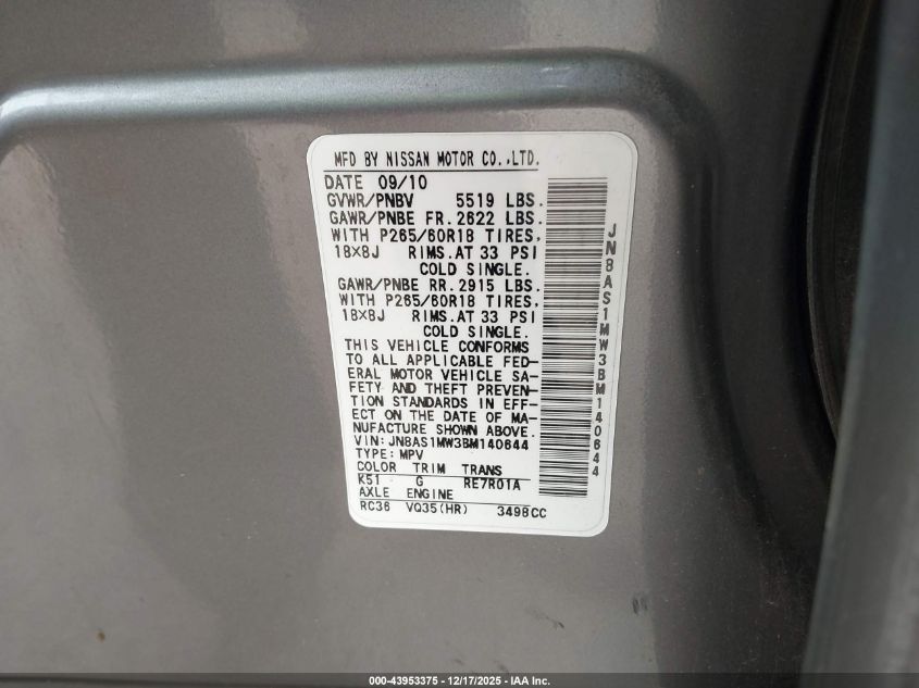 2011 Infiniti Fx35 VIN: JN8AS1MW3BM140644 Lot: 43953375