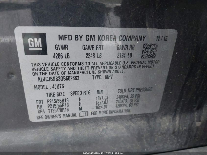 2016 Buick Encore Convenience VIN: KL4CJBSB3GB602663 Lot: 43953378