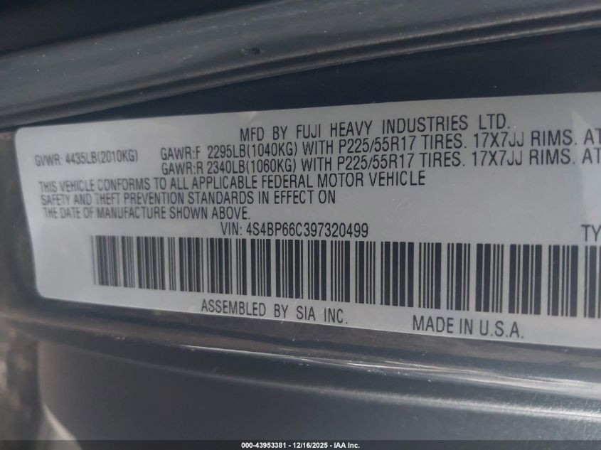 2009 Subaru Outback 2.5I Limited VIN: 4S4BP66C397320499 Lot: 43953381