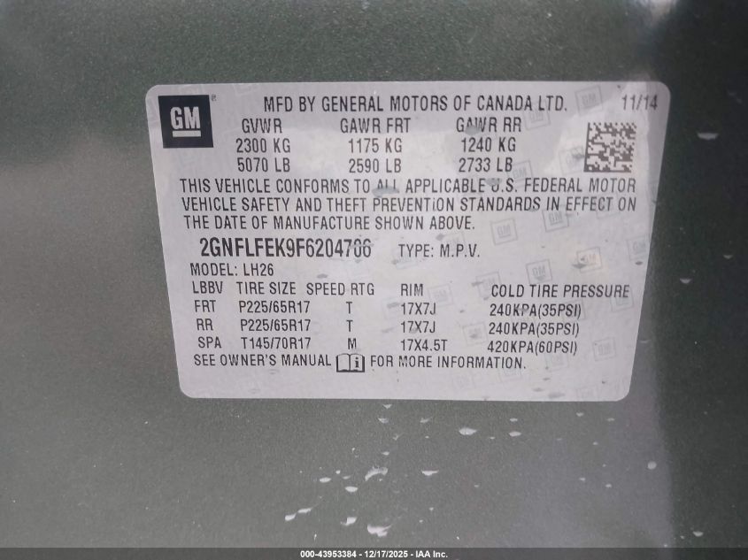 2015 Chevrolet Equinox 1Lt VIN: 2GNFLFEK9F6204706 Lot: 43953384