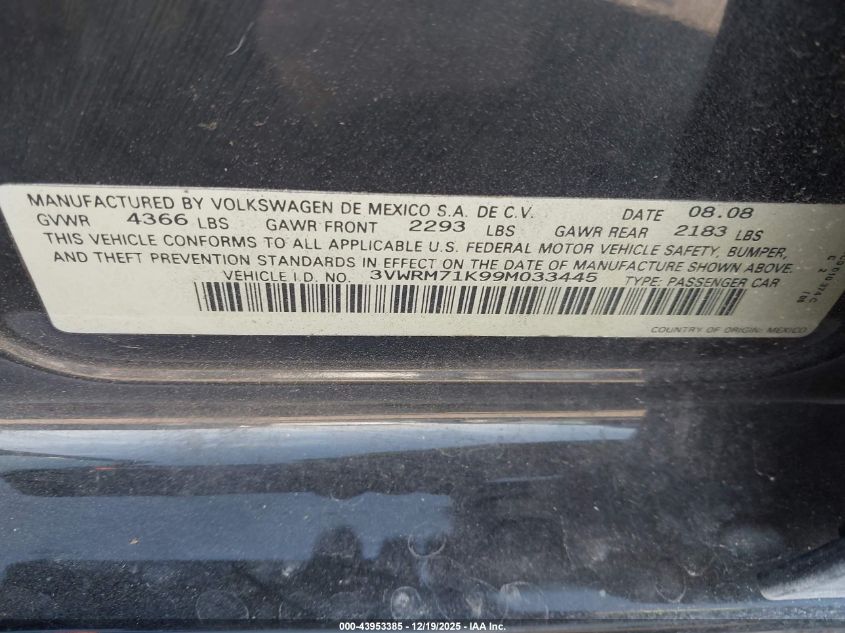 2009 Volkswagen Jetta Se/Sel VIN: 3VWRM71K99M033445 Lot: 43953385