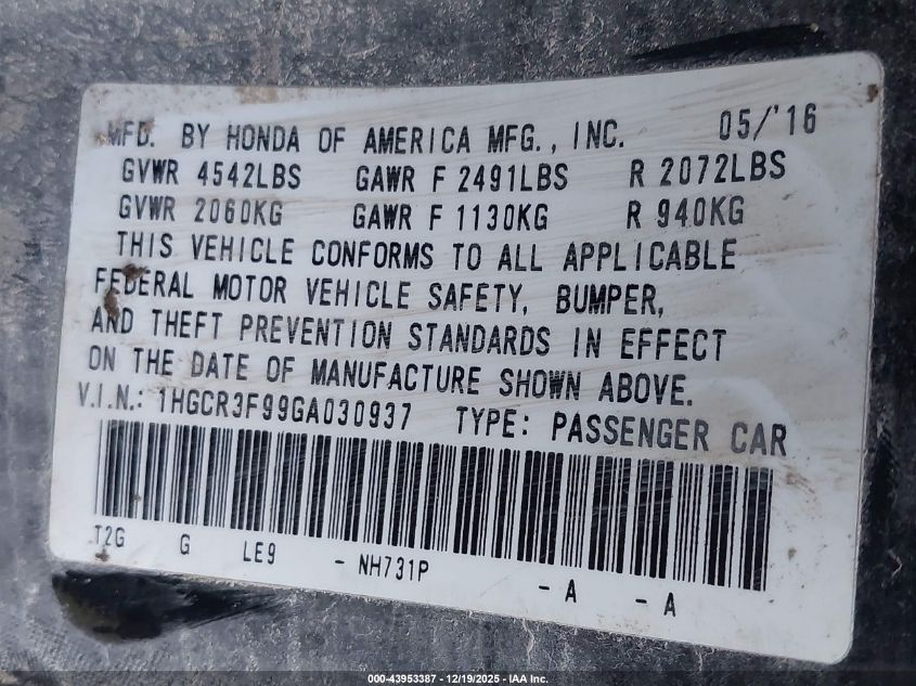 2016 Honda Accord VIN: 1HGCR3S99GA030937 Lot: 43953387