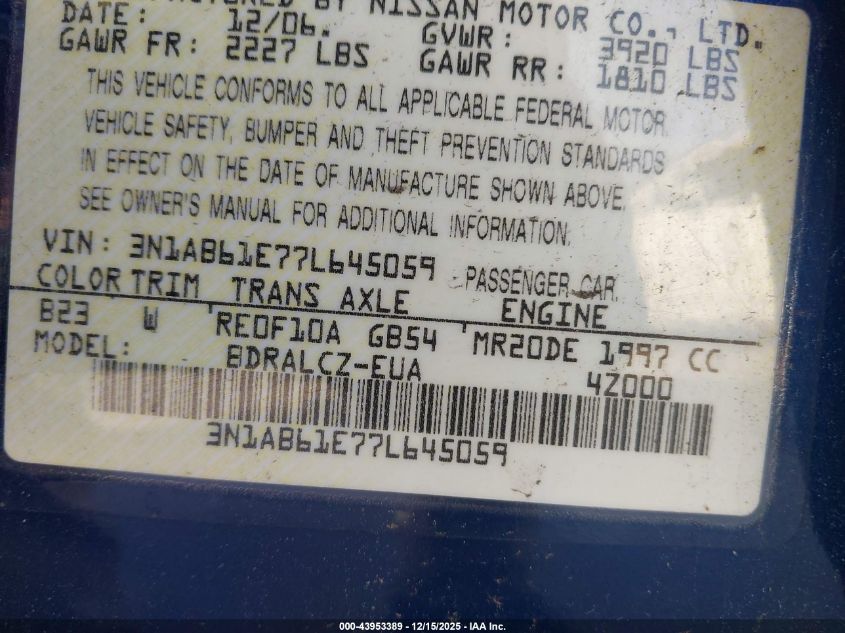 2007 Nissan Sentra 2.0 VIN: 3N1AB61E77L645059 Lot: 43953389