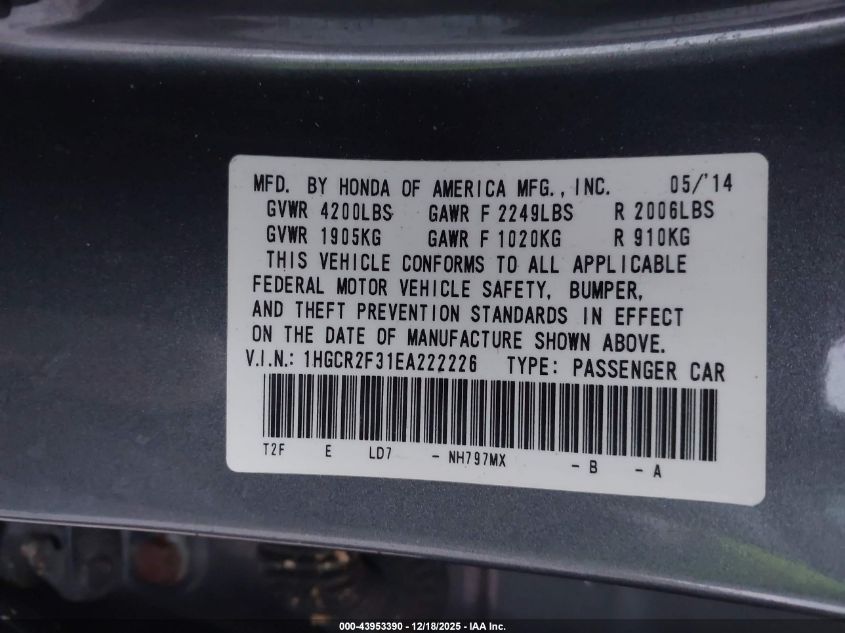 2014 Honda Accord Lx VIN: 1HGCR2F31EA222226 Lot: 43953390