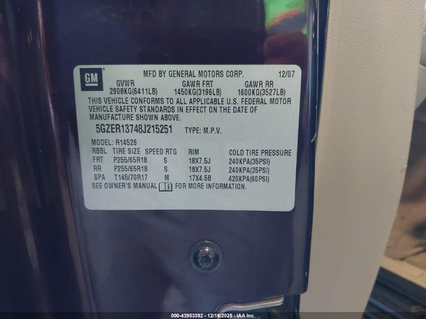 2008 Saturn Outlook Xe VIN: 5GZER13748J215251 Lot: 43953392