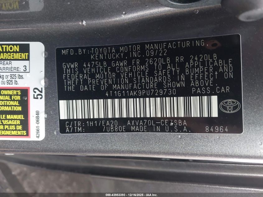 2023 Toyota Camry Se VIN: 4T1G11AK9PU729730 Lot: 43953393