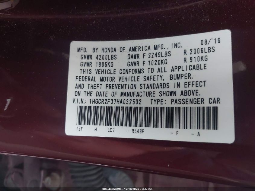 2017 Honda Accord Lx VIN: 1HGCR2F37HA032502 Lot: 43953398