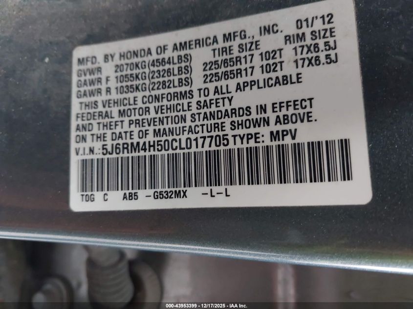 2012 Honda Cr-V Ex VIN: 5J6RM4H50CL017705 Lot: 43953399