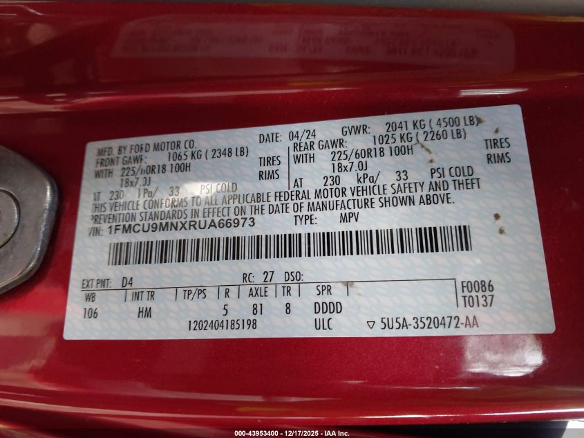 2024 Ford Escape St-Line VIN: 1FMCU9MNXRUA66973 Lot: 43953400