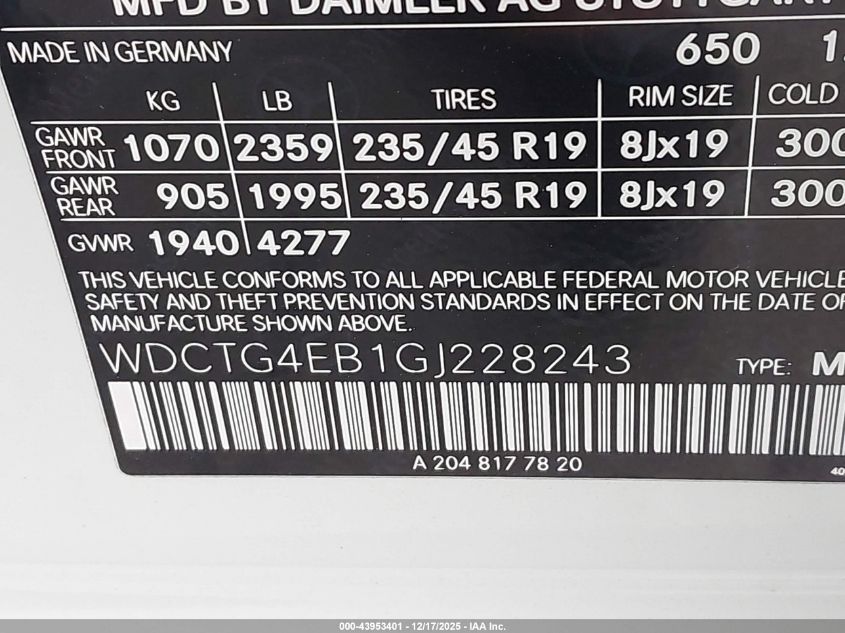 2016 Mercedes-Benz Gla 250 VIN: WDCTG4EB1GJ228243 Lot: 43953401