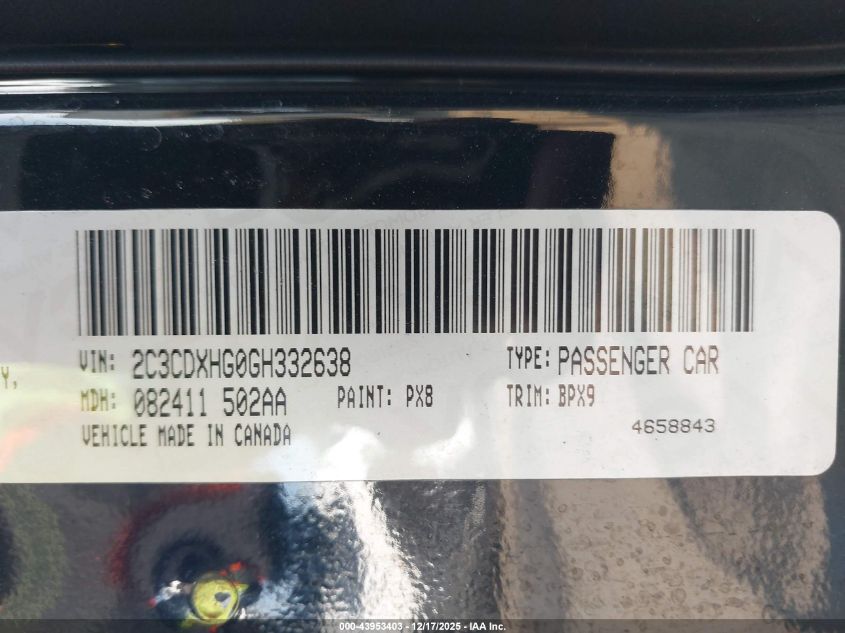 2016 Dodge Charger Sxt VIN: 2C3CDXHG0GH332638 Lot: 43953403