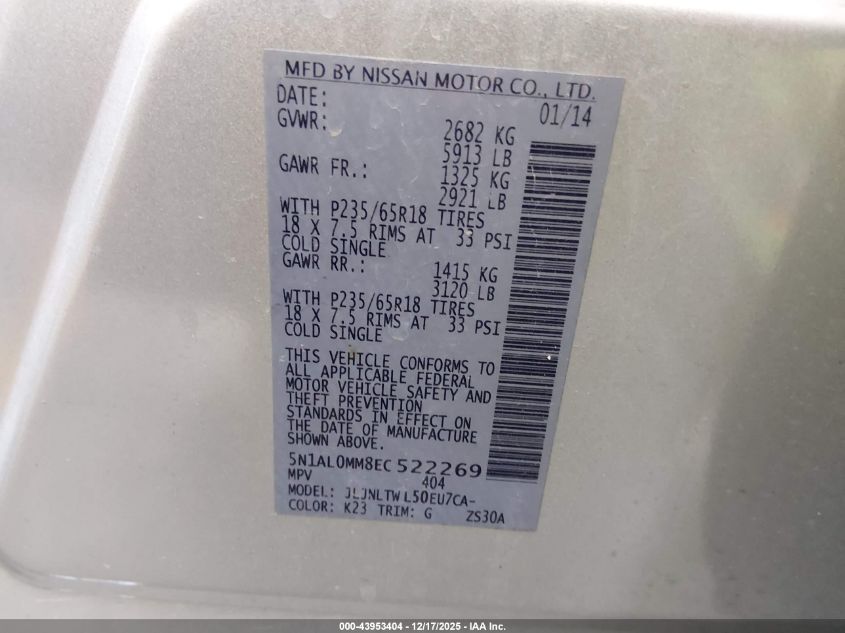 2014 Infiniti Qx60 VIN: 5N1AL0MM8EC522269 Lot: 43953404