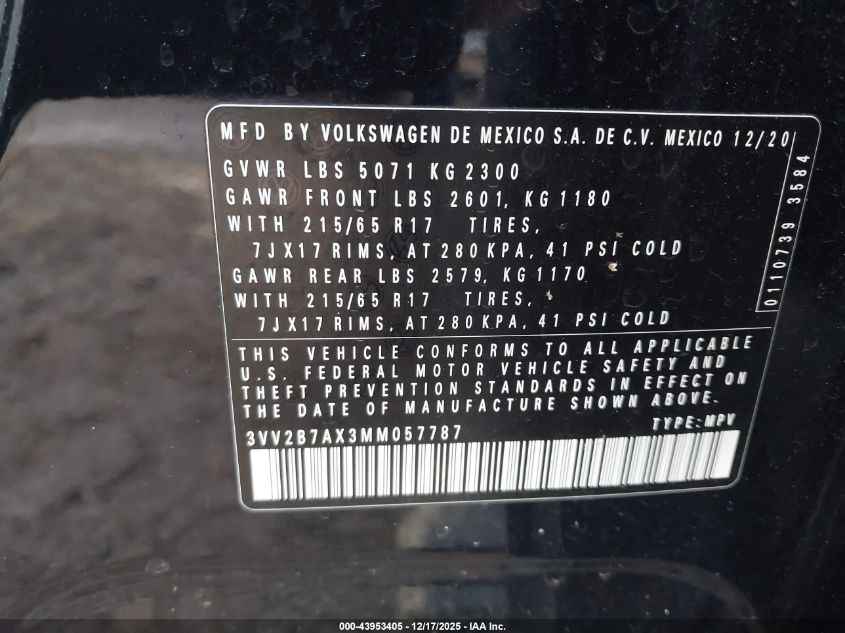 2021 Volkswagen Tiguan 2.0T Se/2.0T Se R-Line Black/2.0T Sel VIN: 3VV2B7AX3MM057787 Lot: 43953405