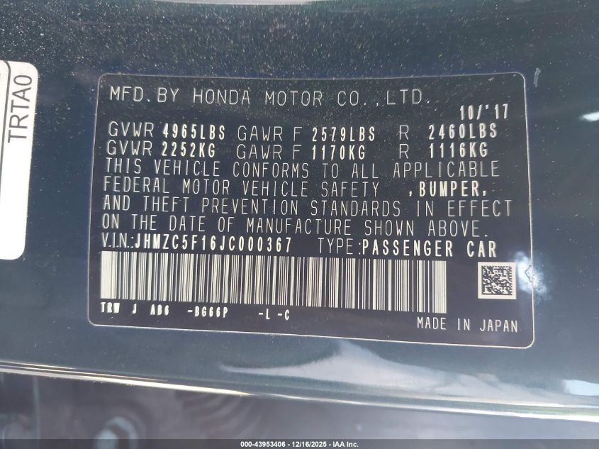 2018 Honda Clarity Plug-In Hybrid VIN: JHMZC5F16JC000367 Lot: 43953406