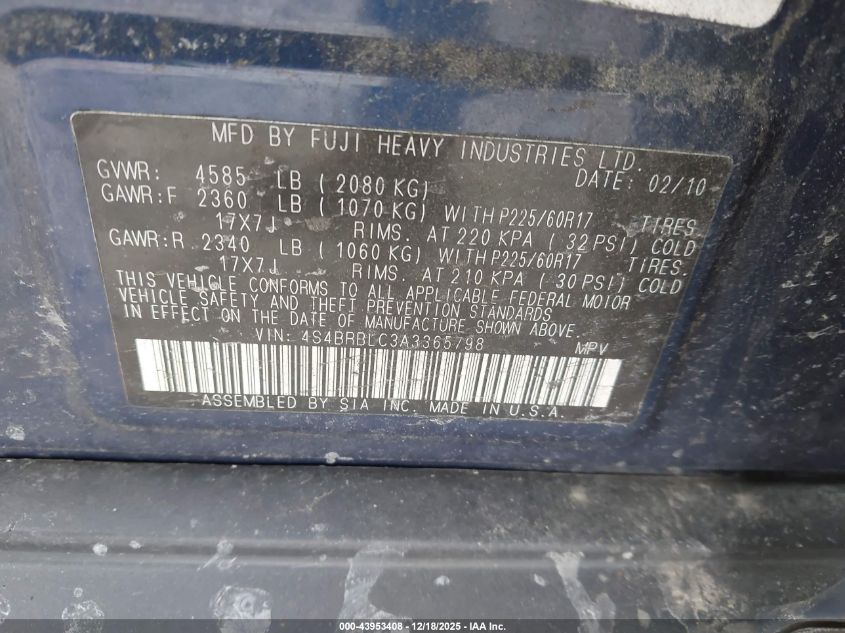 2010 Subaru Outback 2.5I Limited VIN: 4S4BRBLC3A3365798 Lot: 43953408