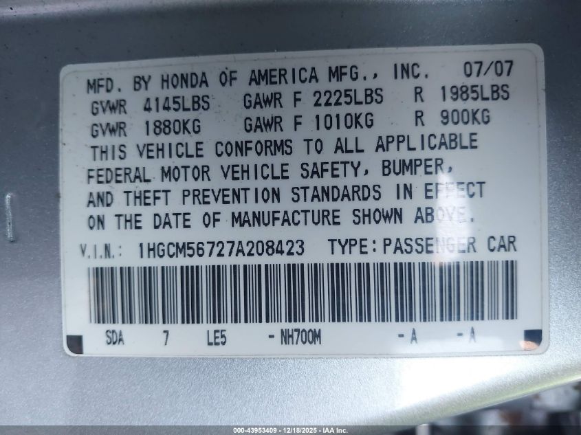2007 Honda Accord 2.4 Ex VIN: 1HGCM56727A208423 Lot: 43953409