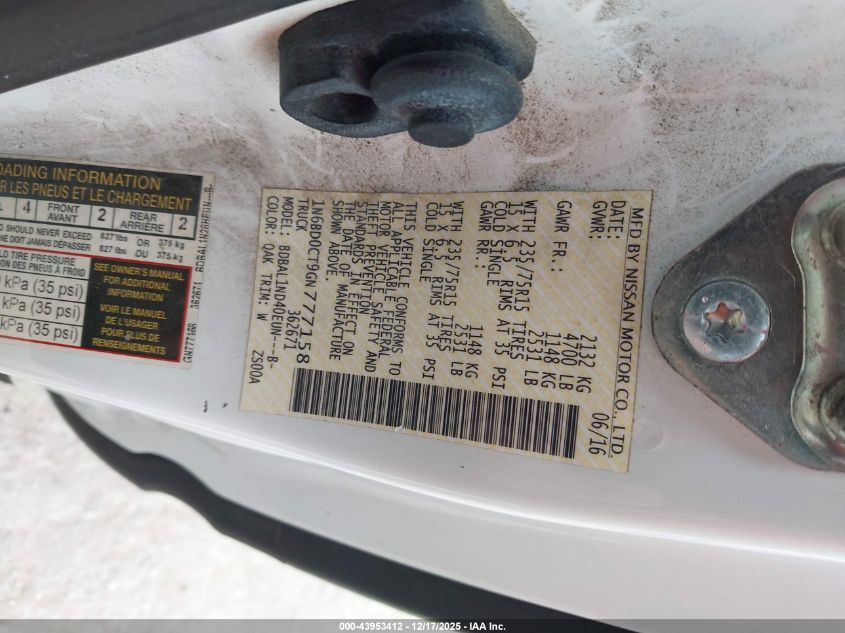 2016 Nissan Frontier S VIN: 1N6BD0CT9GN777158 Lot: 43953412