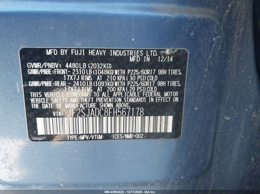 2015 Subaru Forester 2.5I Premium VIN: JF2SJADC8FH567178 Lot: 43953422