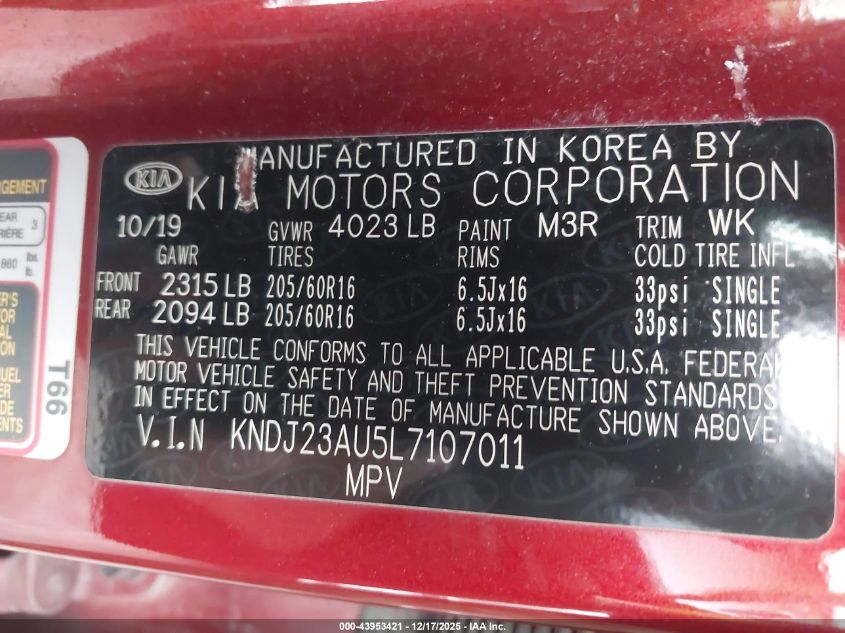 2020 Kia Soul Lx VIN: KNDJ23AU5L7107011 Lot: 43953421