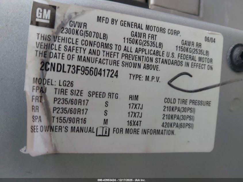 2005 Chevrolet Equinox Lt VIN: 2CNDL73F956041724 Lot: 43953424