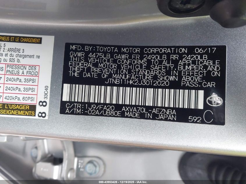 2018 Toyota Camry Le VIN: JTNB11HK2J3012020 Lot: 43953426